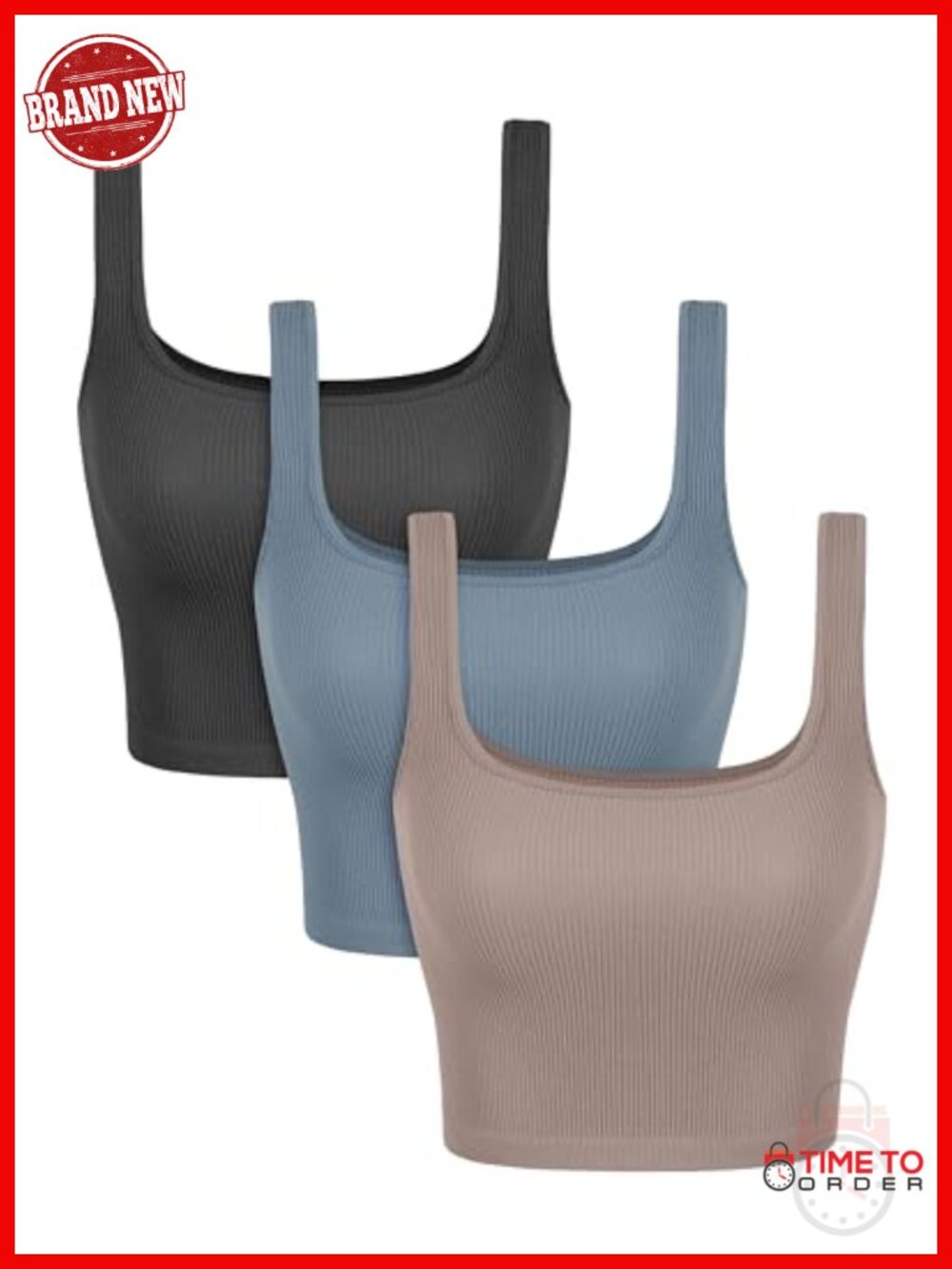 Seamless Square Neck Crop Tank Top Ribbed Knit Low Back Cropped Tops 3-Pack